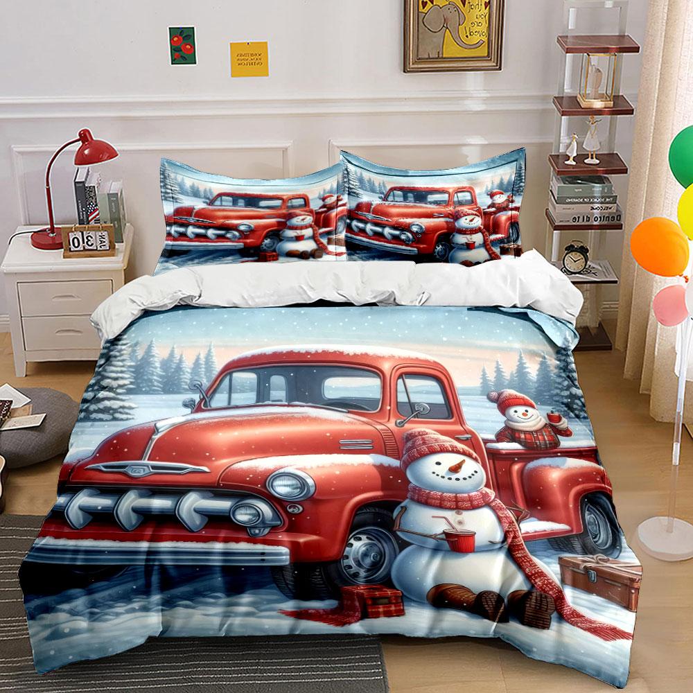 Red Truck with Snowmen Scene Bedding Duvet Cover Set (1*Duvet Cover 2*Pillowcases, without duvet insert)