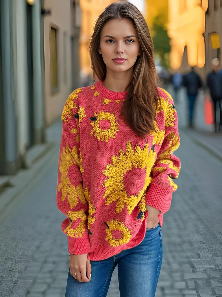 Autumn and winter new top sunflower jacquard round neck long sleeved knitted pullover sweater for women 3589