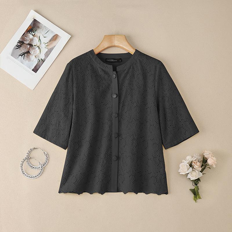ZANZEA Women Round Neck Half Sleeve Casual Patchwork Crochet Blouse