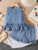 Two-piece Girls' Casual Outdoor Versatile T-shirt and Retro Denim Shorts Set for Spring and Summer