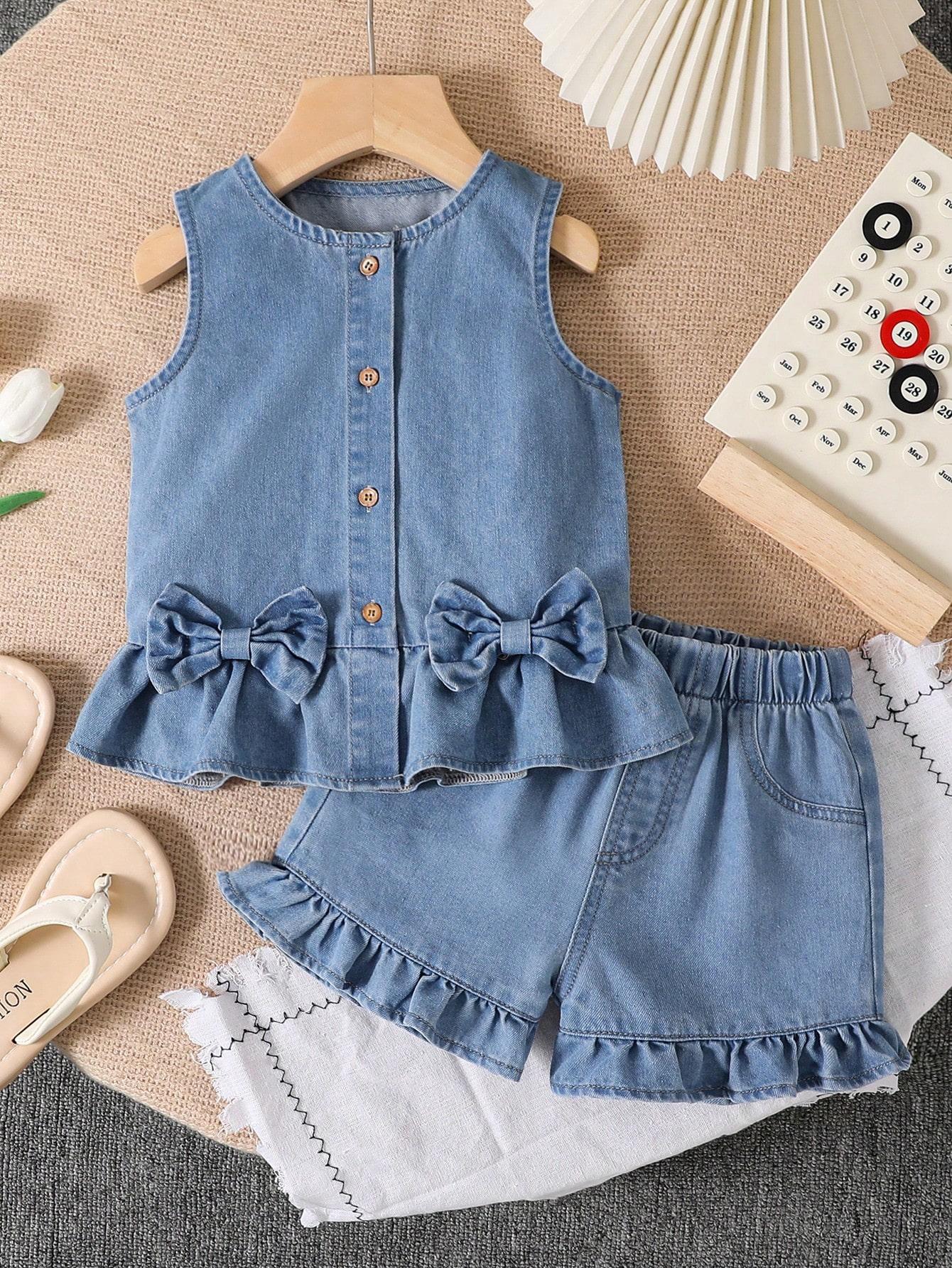 

Two-piece girls casual outdoor versatile T-shirt and retro denim shorts set for spring and summer 4Y синий