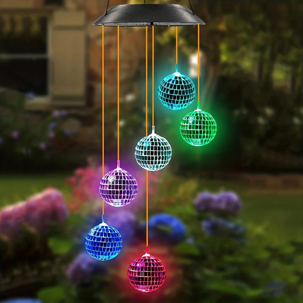 1pc Morocco Ball/Mirror Ball Solar Wind Chime Light Outdoor Garden Waterproof 6LED Hanging Lamp For Home Terrace Courtyard Decor