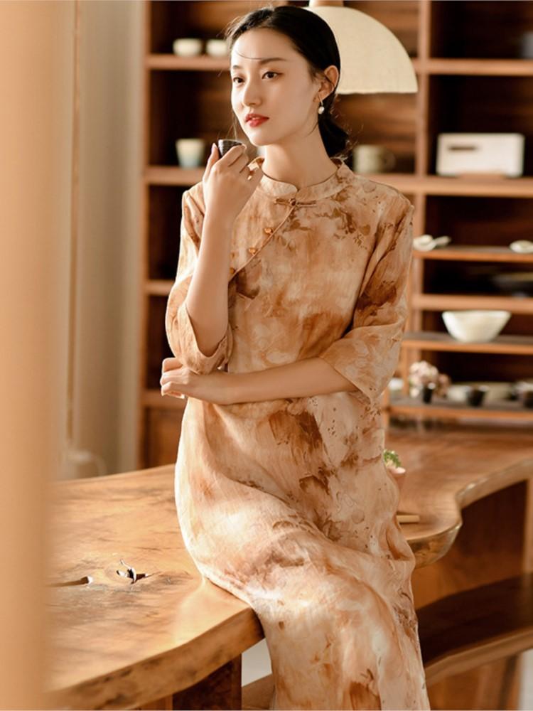Johnature Chinese Style Ramie High Quality Dress Spring Summer Stand Retro Women A-Line Print Floral Dresses