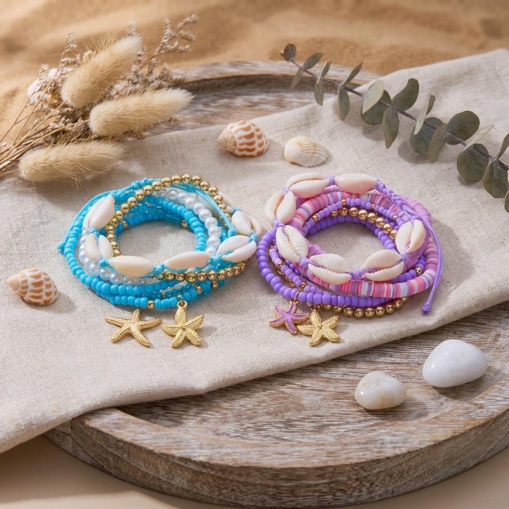 Colorful Dopamine Starfish Shell Beads Elastic Bracelets Set for Women Bohemian Heishi Chain Bracelet Summer Party Jewelry Gift
