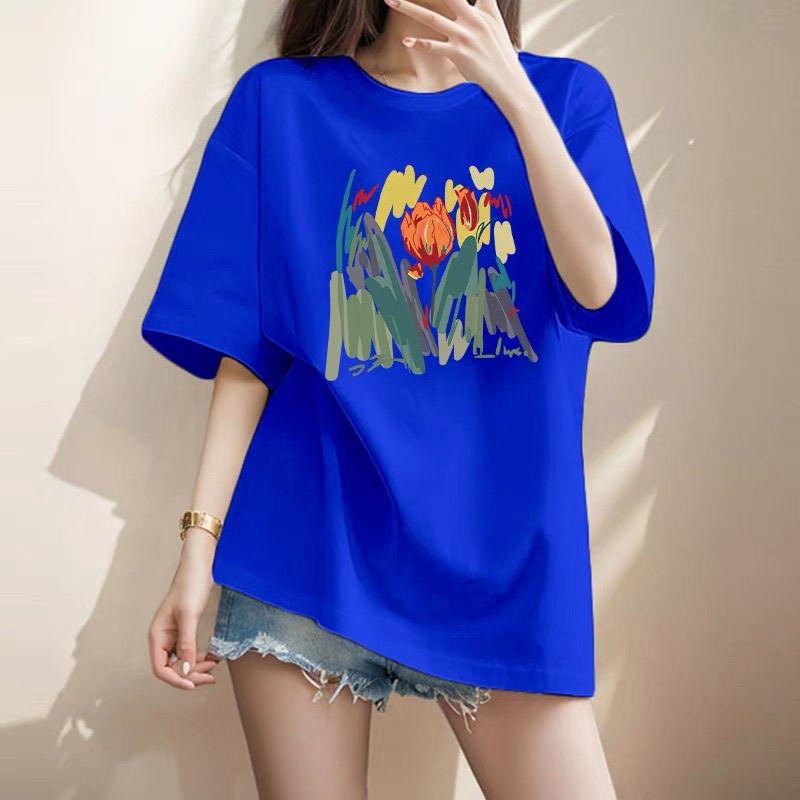 Women Clothing Chic Hand-Painted Flower Printing T-shirt Summer Elegant Fashion Pure Cotton Basic Top Tee Lady Loose Pullovers