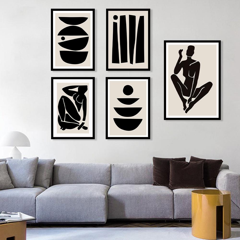 Beige Black Poster Abstract Geometry Female Canvas Painting Wall Printing Picture Bedroom Living Room Indoor
