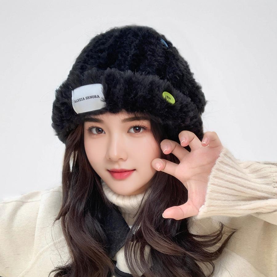 Wool Hat for Autumn and Winter Women's Versatile Knitted Bag Headset Showing Face Small Warm White Plush Cold Hat Big Head Circumference