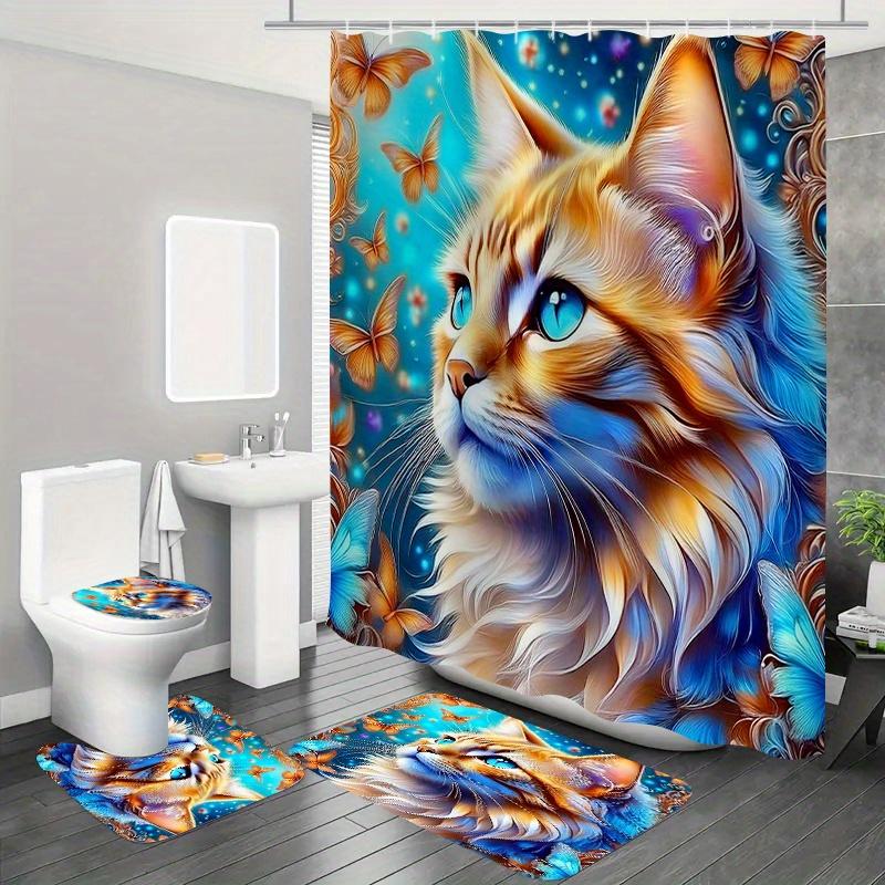 4Pcs Dreamy Cat Shower Curtain Set with Non-Slip Bath Mat, Toilet Lid Cover, Contour Rug & 12 Hooks, Bathroom Decor