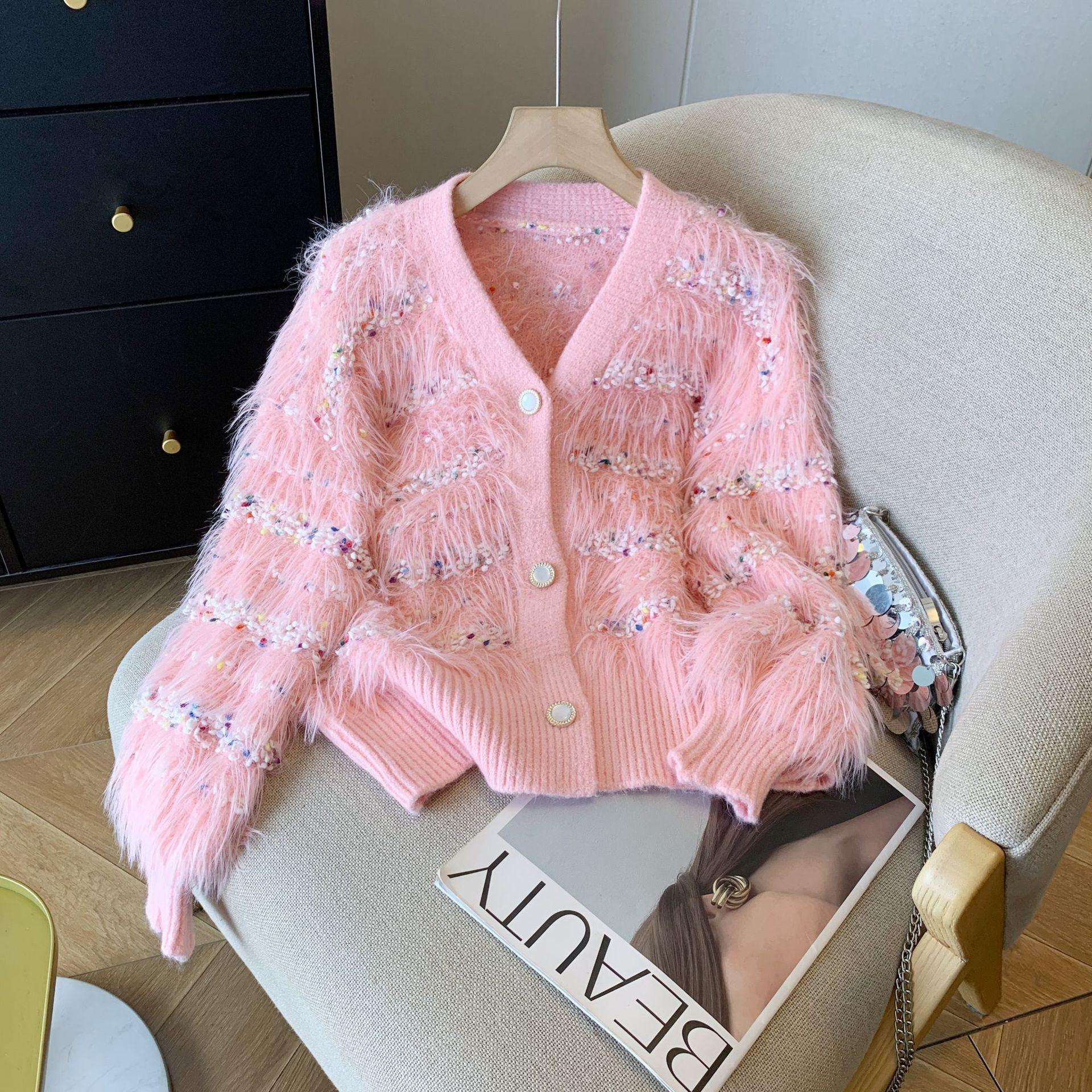 

Imitation Mink Knitted Sweater Jacket Women s Autumn and Winter Loose Casual V-neck Cardigan Fashionable Soft Waxy Sweater One size рожевий