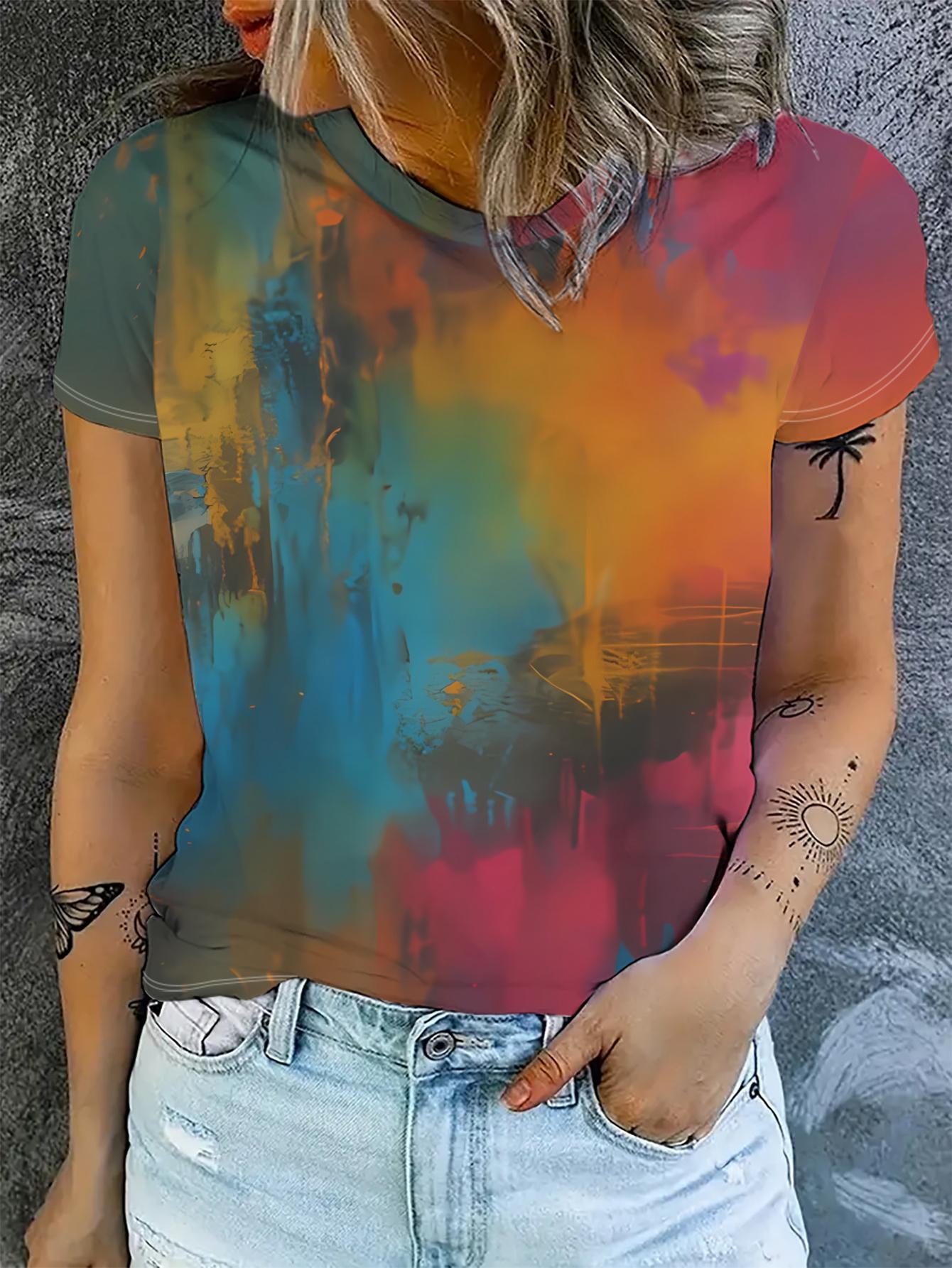 

Women S Colorful Gradient Short Sleeve T-Shirt. Rich in Artistic Hues. Paired with Light-Colored Jeans S дубильная кора