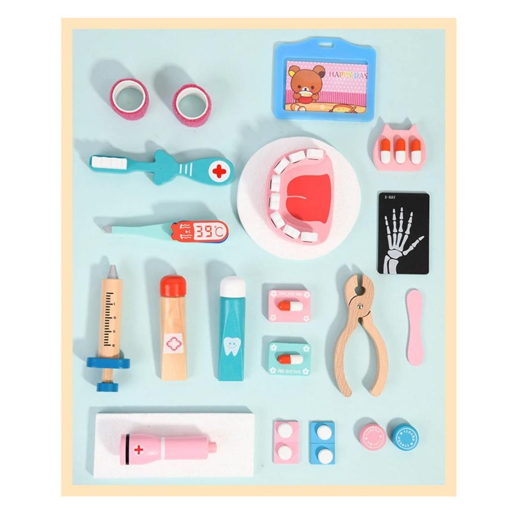 Wooden Pretend Play Doctor Set Educational Toys for Kids Simulation Medicine Chest Kit Dentist Nurse Games Medical Toys for Girl