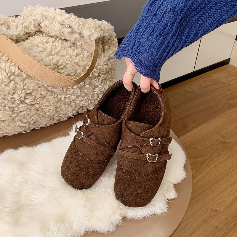 Retro belt buckle inner heightening velvet cotton shoes women's winter Maillard thermal bag heel women's shoes