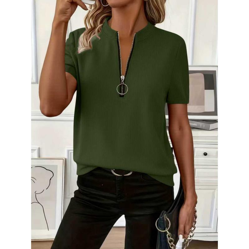 Womens Ribbed Knit Half Zip T Shirt With Stand Collar Short Sleeve Casual Slim Fit Top
