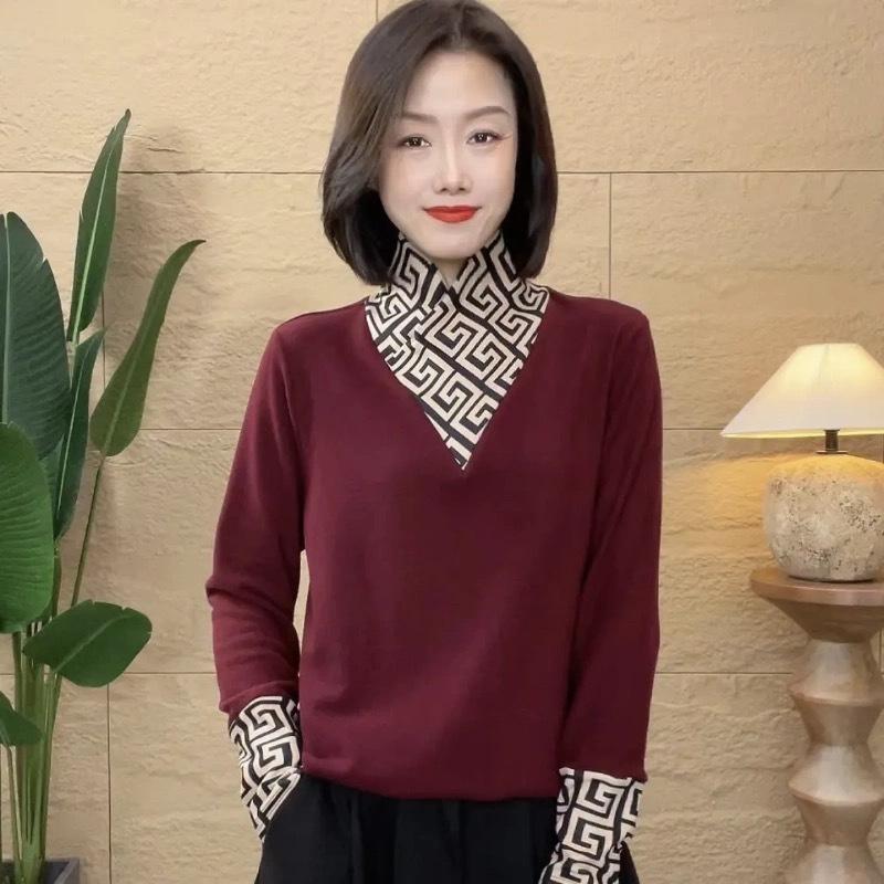 Double-sided German velvet semi-turtleneck bottoming shirt winter new inner warm versatile splicing design T-shirt women