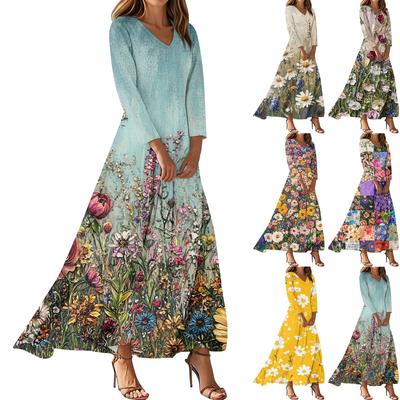 Women's Casual 3/4 Sleeve V-Neck Floral Print Maxi A-Line Beach Dress