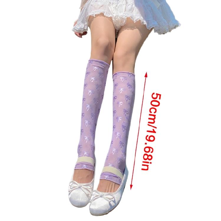 Womens Ultrathin Arm Leg Warmers Sweet Bowknot Pattern Solid Color Long Fingerless Gloves Ice Silk Arm Leg Sleeves Cover
