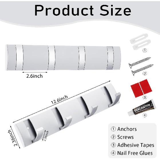 Wesiti 2 Pack White Wall Mounted Coat Rack Folding Aluminum Coat Rack with 4 Retractable Hooks for Space Saving Wall Hook Hangers Entryway Bathroom