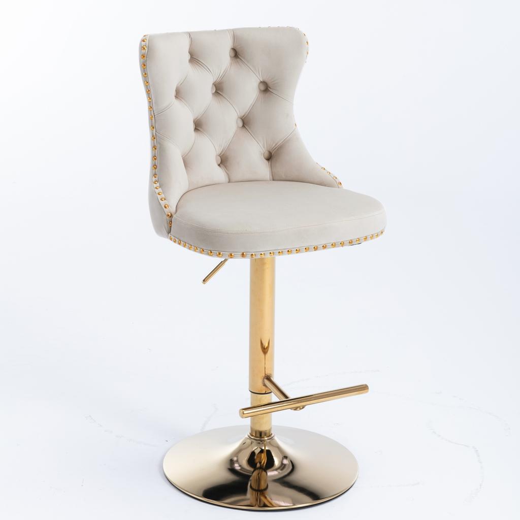 Velvet Swivel Bar Stools, Height 25-33 Inches, Tufted Button Back, Gold Nailhead Trim, Gold Base, for Kitchen Island Home Pub Cafe, Beige, DE1912BG