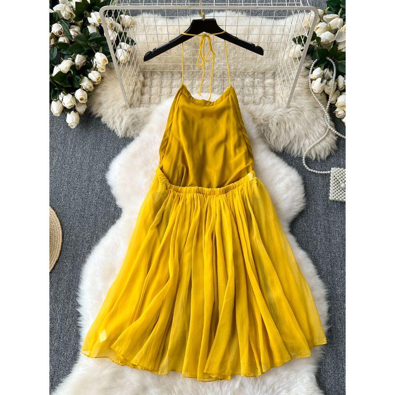French Minority Dress Women's Summer Outing Wear Seaside Vacation Style Sleeveless Halter Open Back Chiffon Fairy Dress