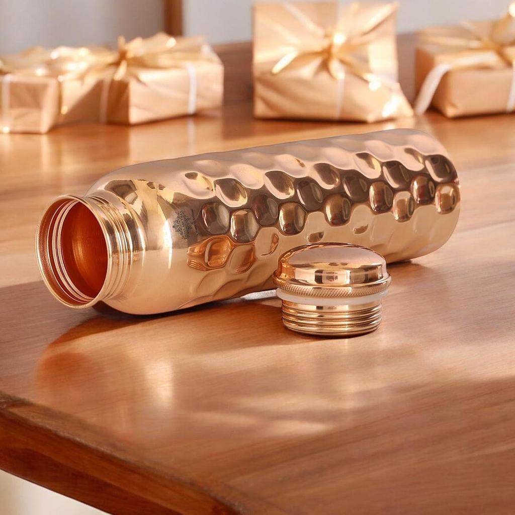 Copper Water Bottle – 1000 ML, Mirror Shine Finish, Lacquer Coated Diamond Design, Ayurvedic Pure Copper Bottle Set of 1