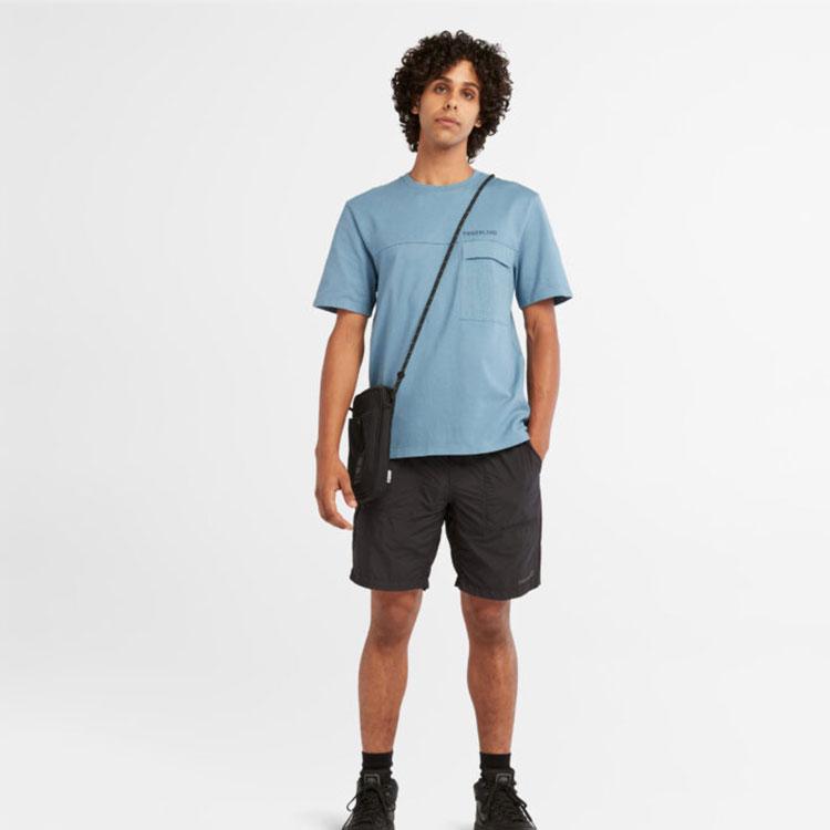 Timberland Solid Color Pocket Spliced Outdoor Casual Breathable Loose Round Neck Short Sleeve Drop Shoulder T-Shirt Men Tops Light-Blue A665N-DJ5