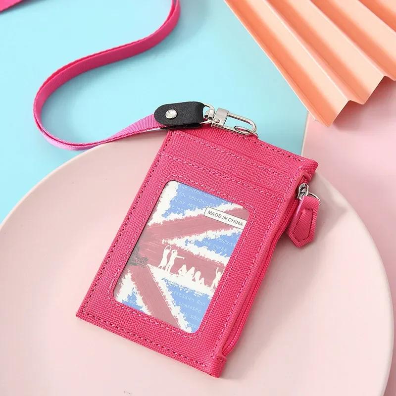 

PU Leather Card Holder Neck Strap Lanyard Business Credit Card ID Card Badge Wallet Coin Purse Pouch Student Bus Card Bags Case Яскраво-рожевий
