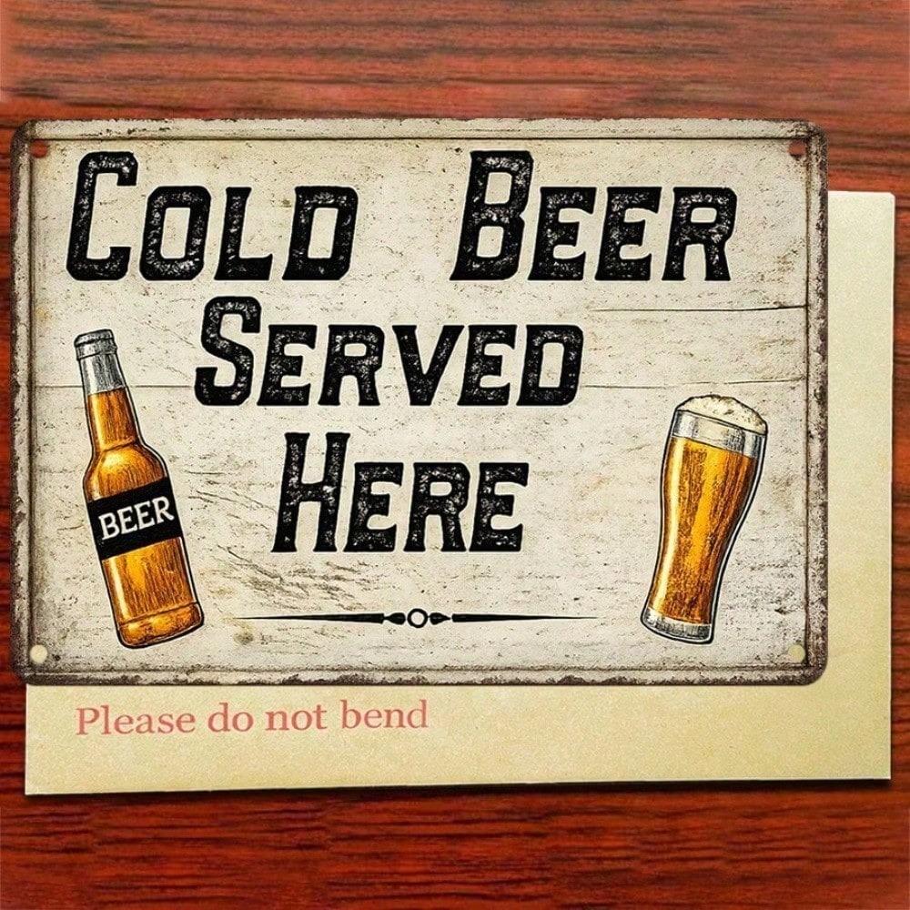 1PC Retro Cold Beer Metal Tin Sign, 2D Flat Vintage Wall Decor, 12x8 Inch Rustic Farmhouse Plaque, Easy To Hang