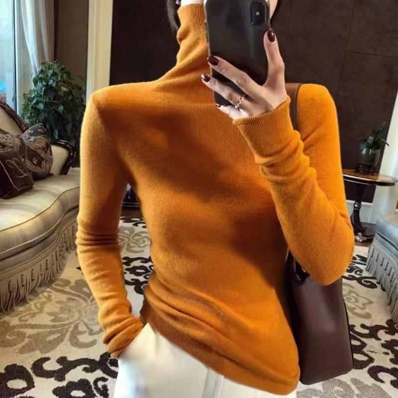 WTEMPO High Collar Stretchy Long Sleeve Slim Knitted Pullovers Women's Solid Color Casual Spring Autumn Soft Warm Sweaters