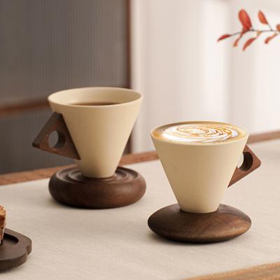 Cone Coffee Cup & Saucer Set Mid-Century Modern Cone Mug with Wooden Handle Handcrafted Ceramic Latte Mug Home Cafe Decor Gift for Coffee Lovers