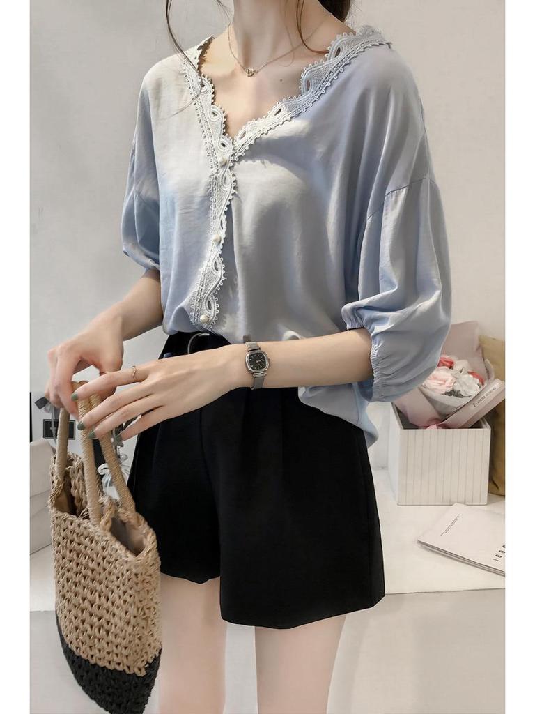 Top szyfonowy z koronkowymi wstawkami w stylu koreańskim z dekoltem w serek - Damski z krótkim rękawem o luźnym kroju