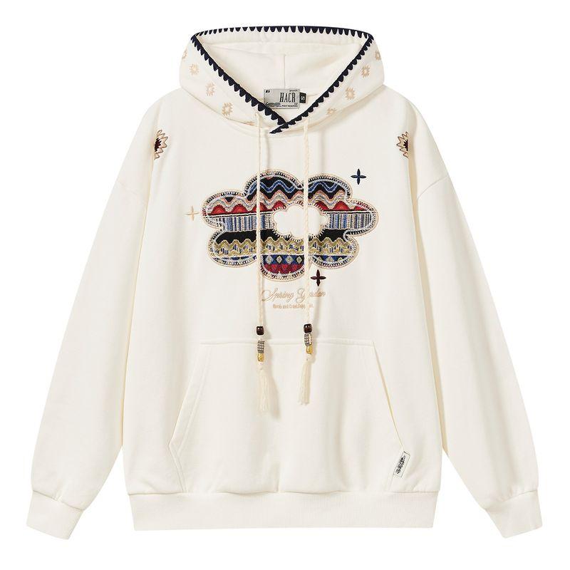 Hacr Ethnic Style Patchwork Embroidered Hoodie, Trendy Loose and Casual Couple's Sweatshirt for Women