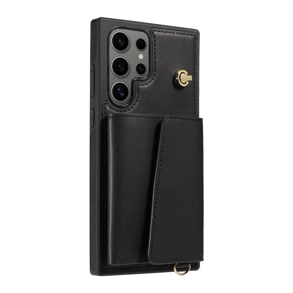 For Samsung Galaxy S24 Ultra Crossbody Phone Case Card Holder Kickstand Leather Coated TPU Mobile Cover