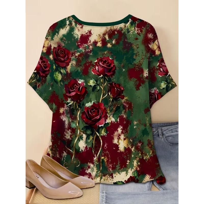 Popular Retro Rose Flower Women's Clothing 3D Digital Printing Spring and Summer T-shirt Bohemian and Romantic Style