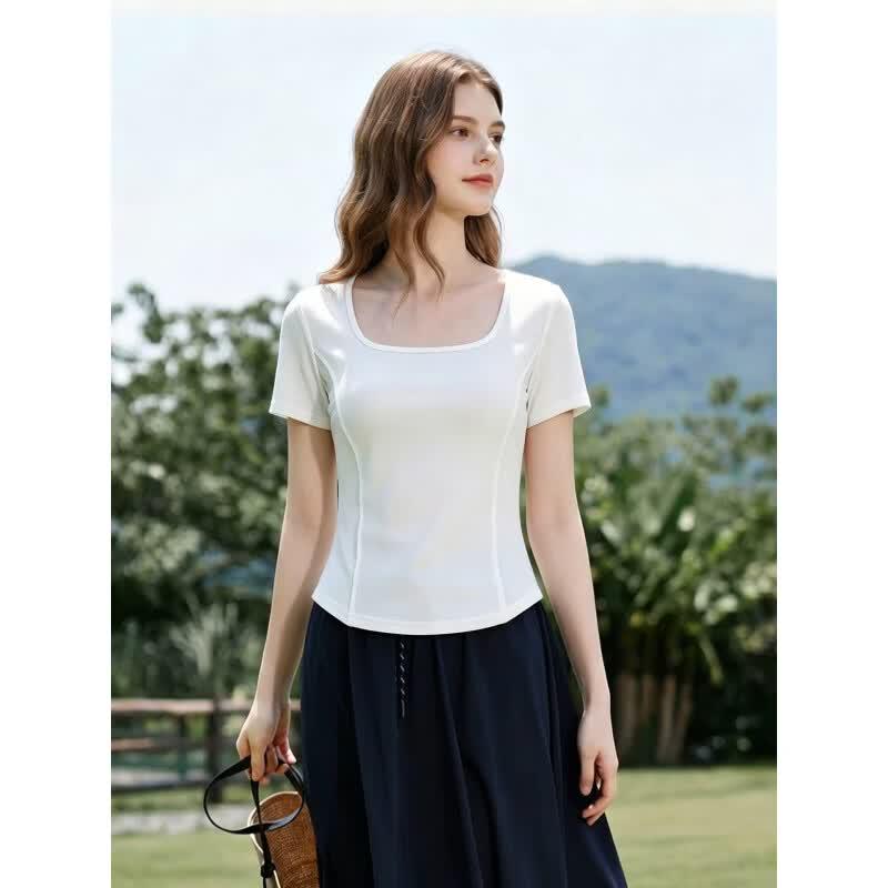 Basic House Women's Square Neck Slim Fit Short Sleeve T-Shirt