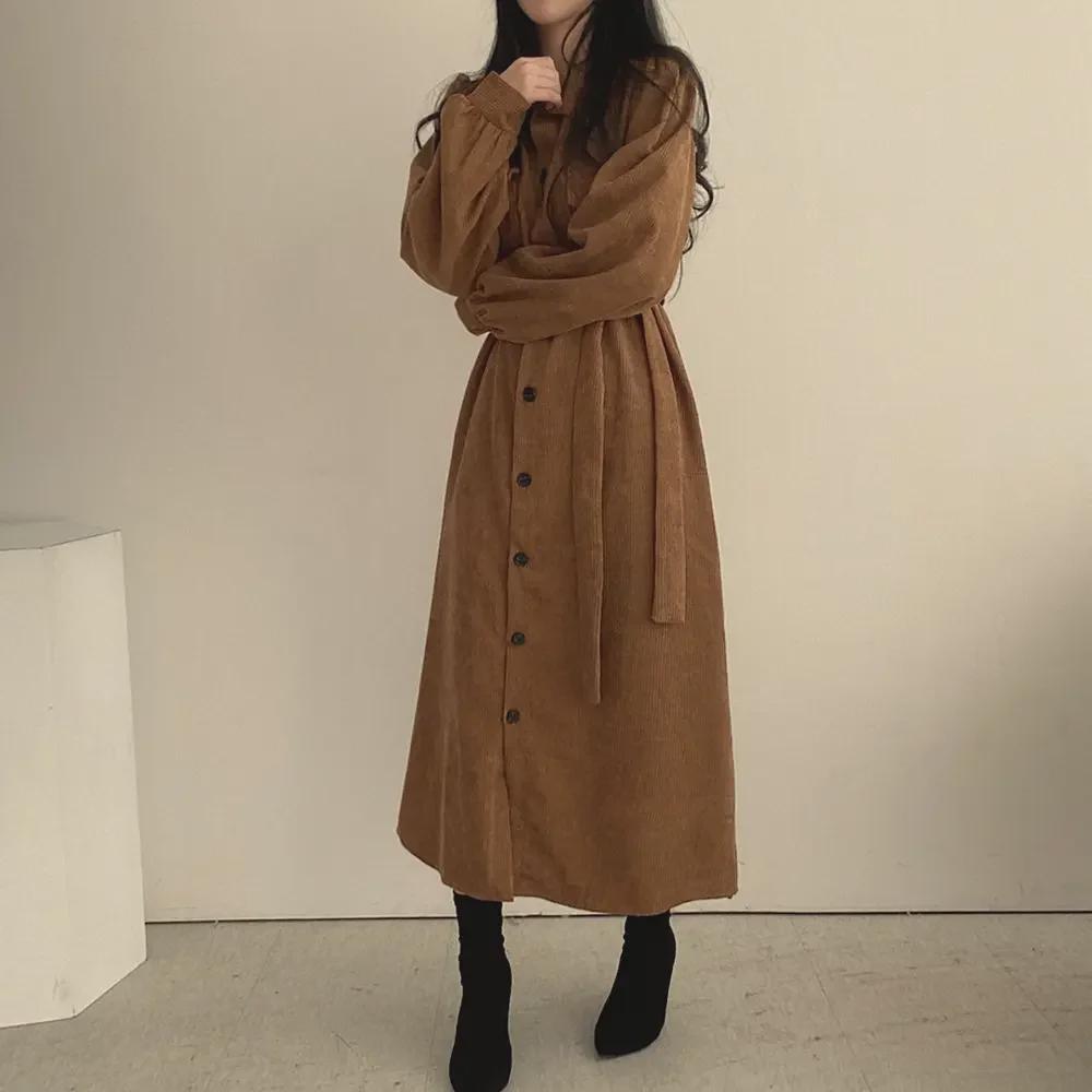 Korean Chic French Retro Corduroy Lapel Tie-Waist Long Dress for Women