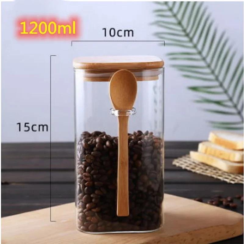 1000/1200/1500mL Square Sealed Glass Storage Jar with Spoon and Bamboo Lid Coffee Bean Grain Seasoning Food Storage Containers