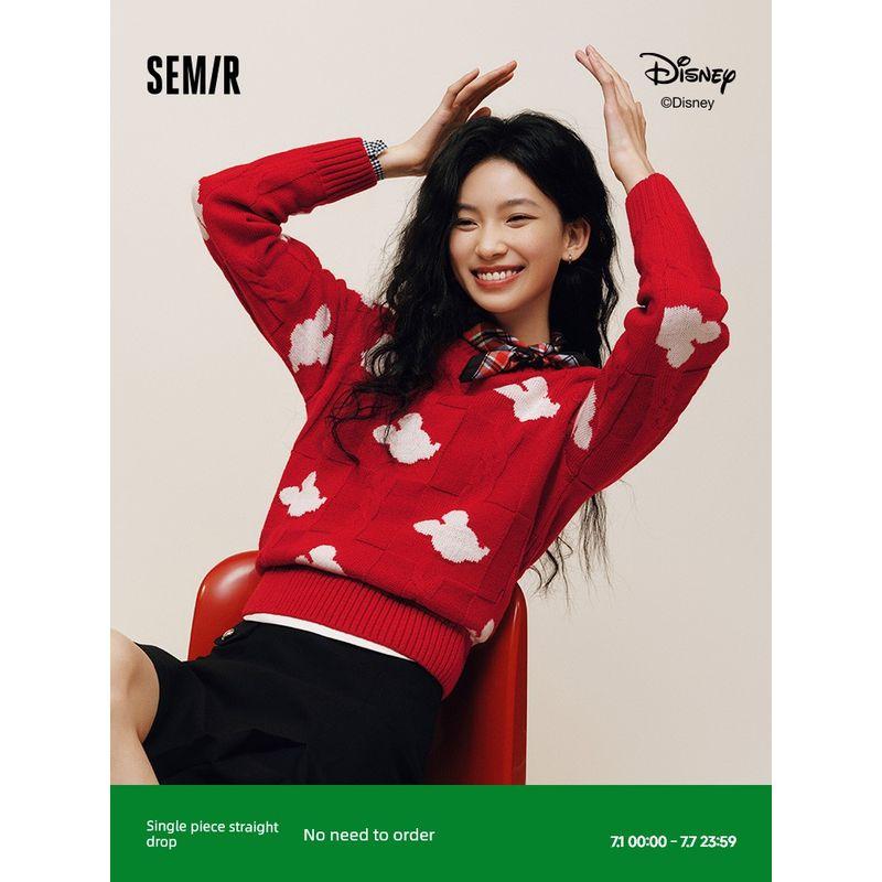 

[Same Style with Mall] Senma Disney Cooperation Series Red Sweater Women s Spring round Neck Knitwear New Arrival Tops Red 00466 155/80A/S