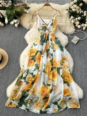New Sweet Strap Beach Long Dress Ladies Sleeveless V Neck Zipper Design A Line Dress Korean Chiffon Floral Print Vacation Clothing