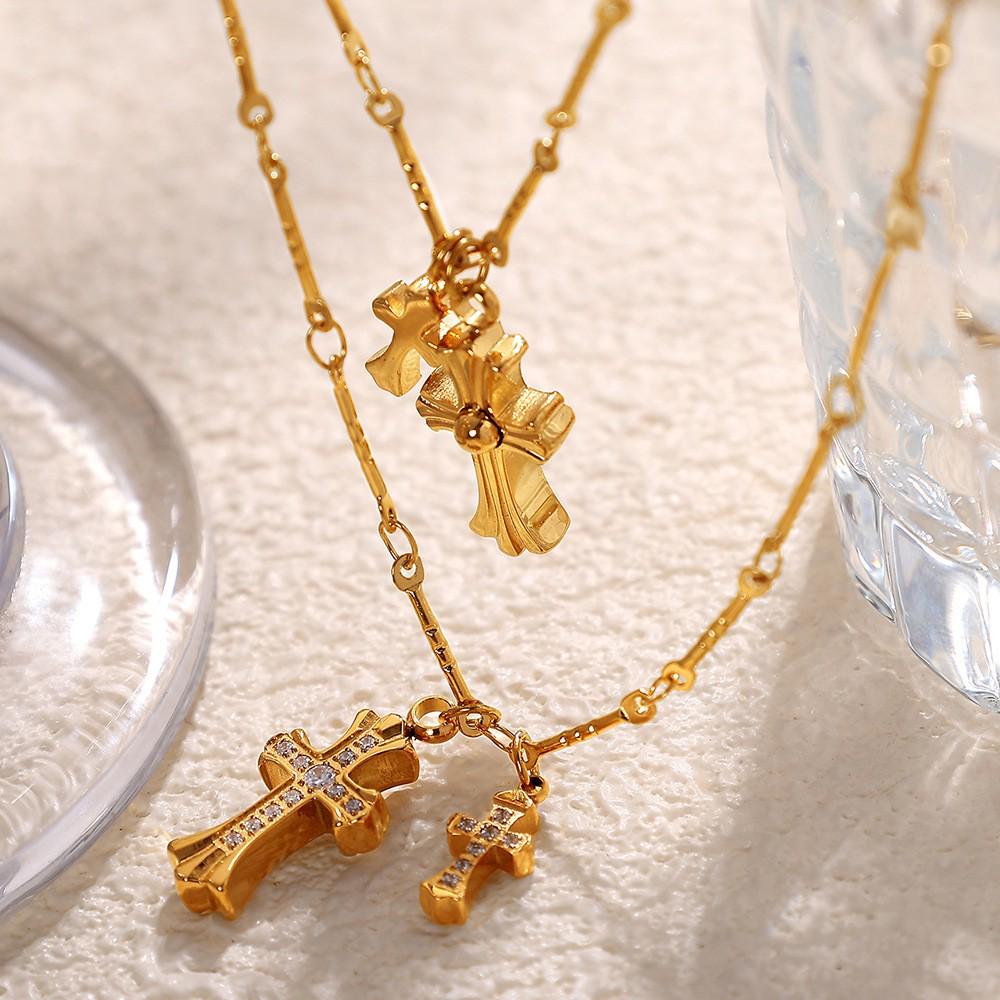 Elegant Rhinestone Double Cross Clavicle Necklace: Stainless Steel, High-End, Versatile Fashion Jewelry for Women