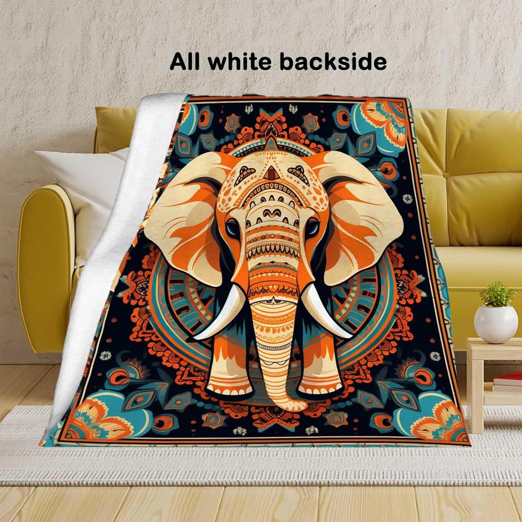 VIKAMA Indian Ethnic Pattern Elephant Fleece Blanket for Boho Apartment Bohemian Room Decor,Couch Cover Birthday Present