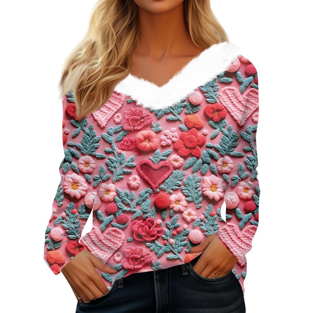 Dámské tričko s dlouhým rukávem a potiskem lásky na Valentýna, s výstřihem do V, ležérní volný top