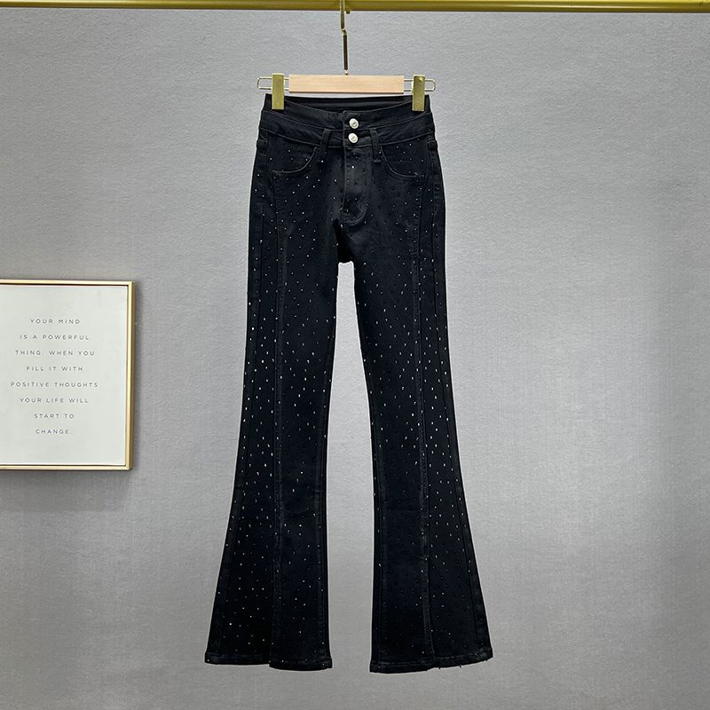 

Брюки клеш с высокой посадкой, облегающие, стройнящие, с изысканными стразами и разрезом Black S