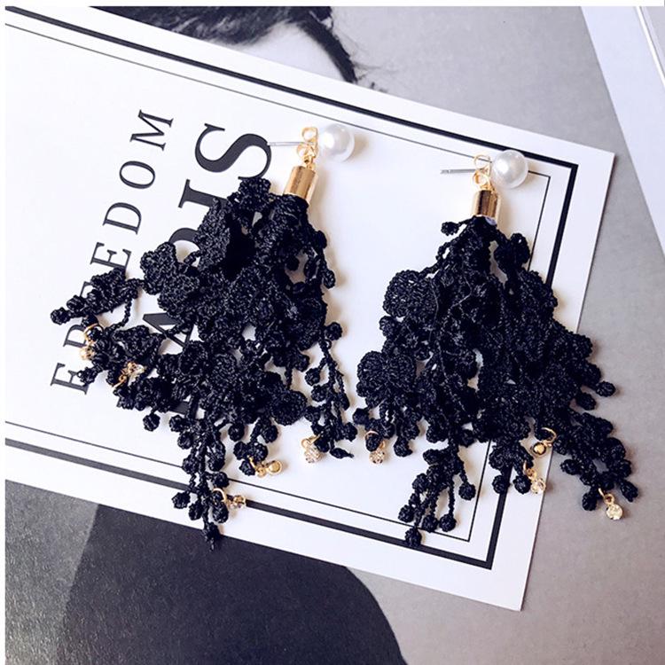 

Темпераментные серьги-кисточки с жемчугом и стразами, кружевные цветы E4077 чёрный