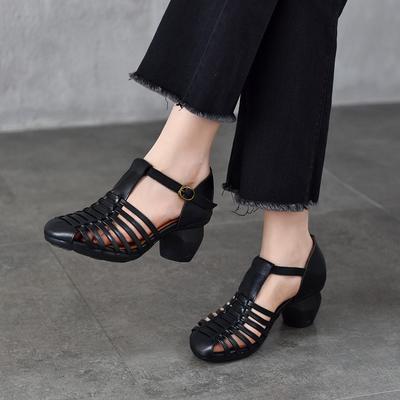 Versatile High-heeled Sandals Women's Genuine Leather Round Toe Hollow-out Thick Heel Shoes