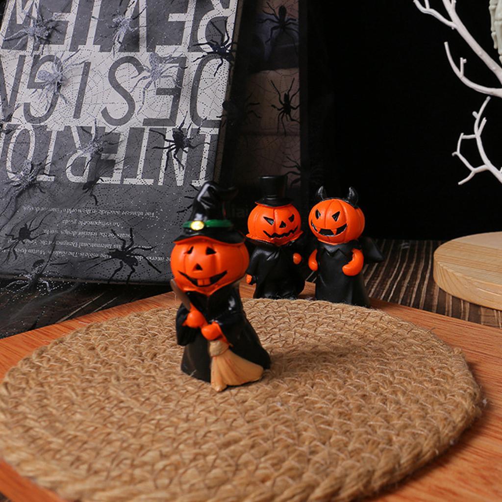 3pcs Halloween Pumpkin Decor Wizard Hat Devil Horns  Miniature Resin Pumpkin Head Decoration for Table Home Bathroom