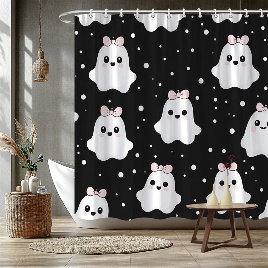 

1pc Cute ghost pattern shower curtain with hooks, polyester fabric, machine washable, perfect for bathroom decor. 90X180cm