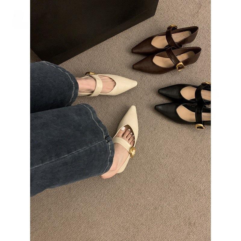Flat Bottom Pointed Black Single Shoes Women's Shoes Spring and Autumn Low Heel Temperament Mary Jane Small Leather Shoes