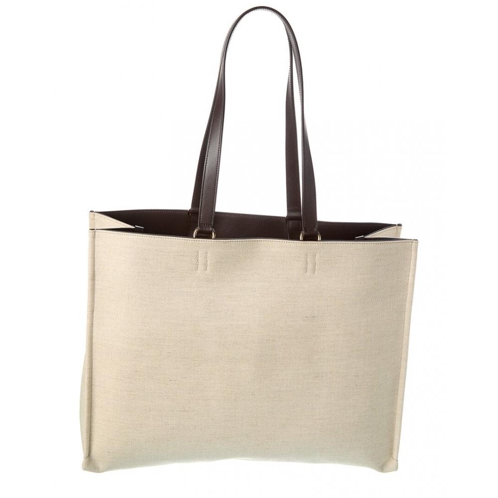 Salvatore Ferragamo Ferragamo Logo Large Leather Trim Tote Beige