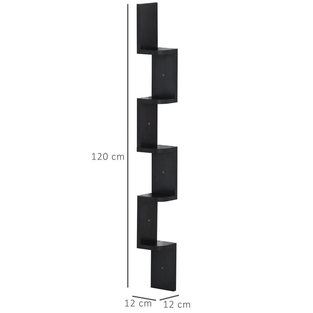 Corner Wall Shelf, 5-Tier, 120 cm High, Zigzag, Black Wood