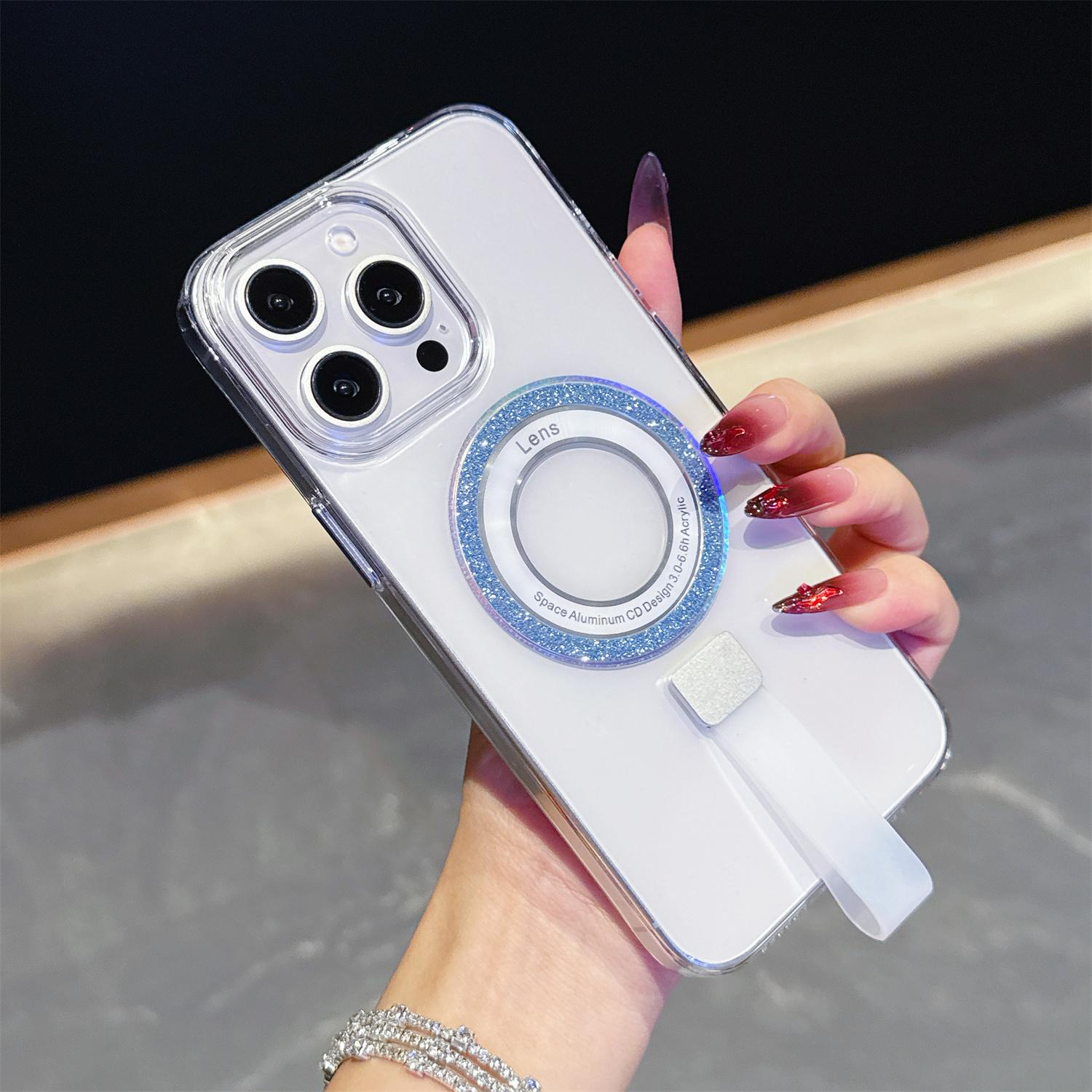 

For iPhone 15 Pro Magnetic Case with Handheld Strap Laser Glitter Clear PC Phone Cover Blue